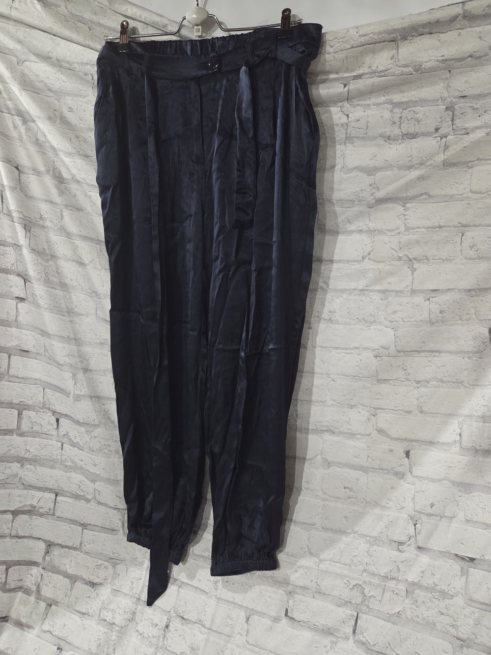 Reset By Jane Dark Blue Satin Tie-Waist Pants